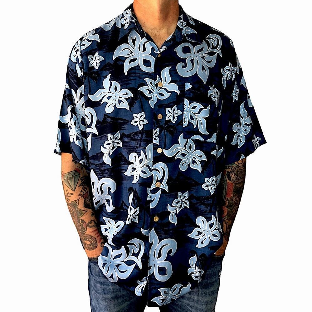 Vintage 90s Hana Bay Island Tropics Blue Hawaiian Shirt XL